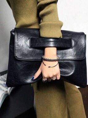 NWT Chic Minimal vegan leather Black Fold-Over Clutch with removable strap